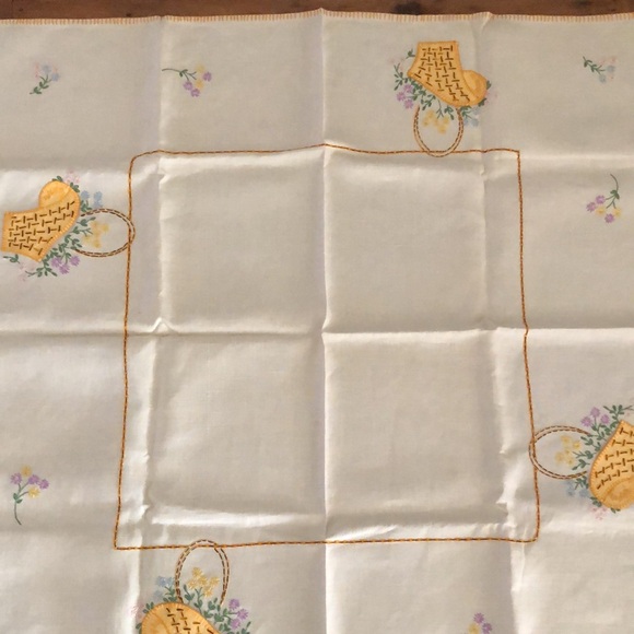 Vintage Handmade and Hand Embroidered Card Table Cloth with Flowers & Baskets - Picture 11 of 16